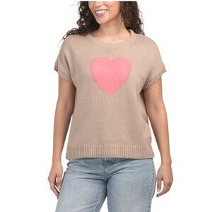 NWT Ninety Clothing Co. Short Sleeve Tan + Pink Heart Sweater Size M